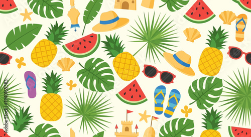A vibrant seamless summer pattern featuring an assortment of tropical fruits and beach elements, perfect for cheerful vacation-themed designs and warm-weather backgrounds