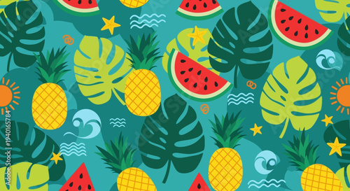 Tropical Summer Pattern Featuring Pineapples, Watermelons, and Monstera Leaves with a Turquoise Background