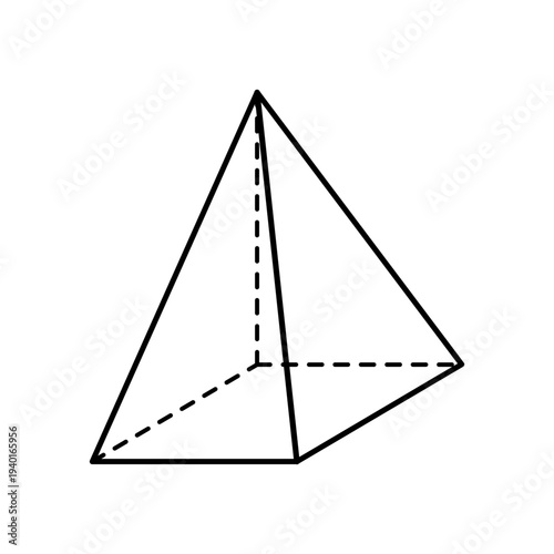 Square-based pyramid geometry diagram with dashed hidden edges, perspective wireframe illustration of geometric solid for mathematics and education