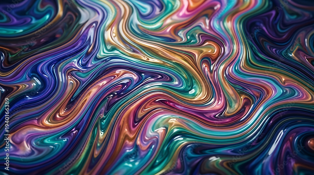 Obraz premium Captivating Abstract Swirl of Vibrant Iridescent Pigments and Glossy Hues Creating a Dynamic Marbled Liquid Flow Texture
