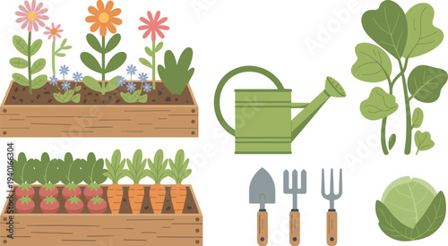 Gardening vegetable garden set with planter boxes watering can seedlings vegetables and hand tools organic farming illustration
