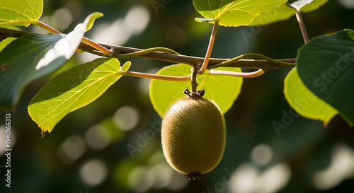 Kiwifruit hanging on vine in sun with large green leaves during harvest season in orchard