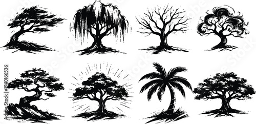 black ink brush with tree silhouettes set including palm art illustration bundle.