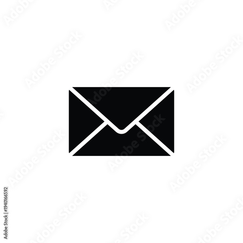 A simple black envelope icon on a white background for communication and mail concepts