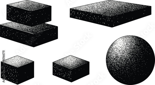 Geometric shapes illustration, stippled 3D objects, sphere and cubes, abstract black and white design, educational math art, modern minimal texture