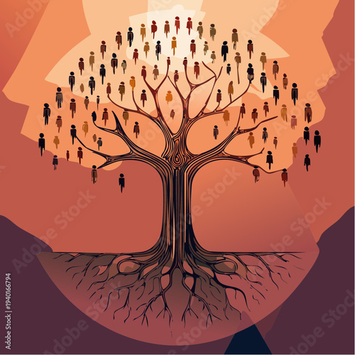 Symbolic Tree of Life with Human Figures Representing Ancestry and Community.