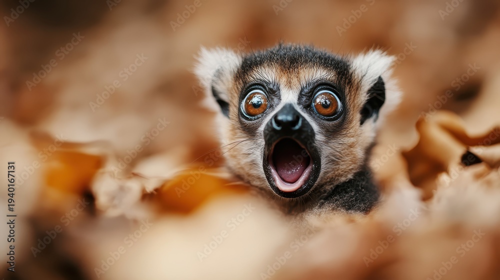 Fototapeta premium A lively young lemur appears excited amid a carpet of autumn leaves, capturing the spirit of nature and wildlife in a playful moment full of energy and joy.