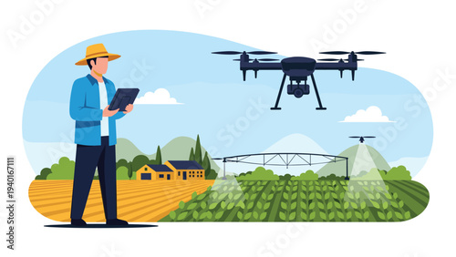Farmer using digital tablet to remotely control large industrial drones for automated irrigation and crop monitoring in green fields.