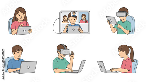 Diverse group of young children using tablets, laptops, and virtual reality headsets for digital learning and remote education at home.