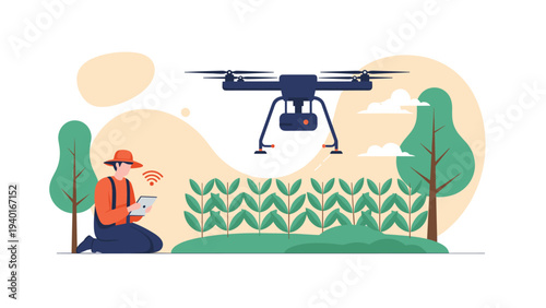 Agricultural drone flying over rows of young green plants in field while farmer observes data on tablet during golden hour.
