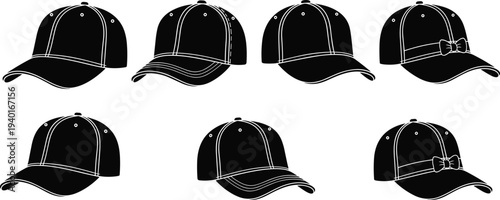 Collection of black baseball cap silhouettes and hat icons in different styles and angles isolated on a white background vector