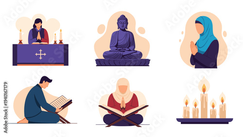 Collection of diverse religious figures and spiritual symbols representing faiths like Buddhism, Christianity, and Islam in prayer.