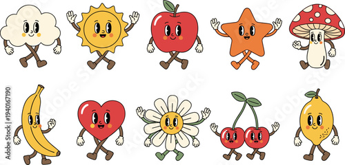 Collection of colorful retro cartoon characters with faces featuring a sun, apple, mushroom, banana, heart, and daisy isolated on white.