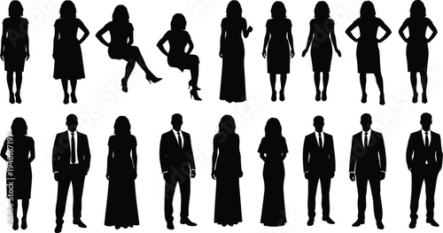 Collection of professional business people silhouettes including men in suits and women in various elegant dresses standing and sitting poses (20 words)