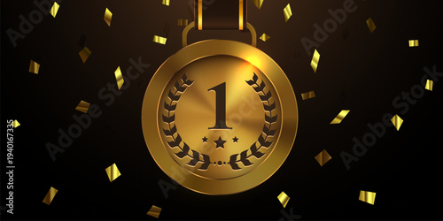Shiny golden first place medal with celebratory confetti. A prestigious award for success and victory.