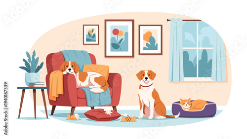 Comfortable living room scene featuring two dogs and a sleeping cat resting near a red armchair with framed pictures on the wall.