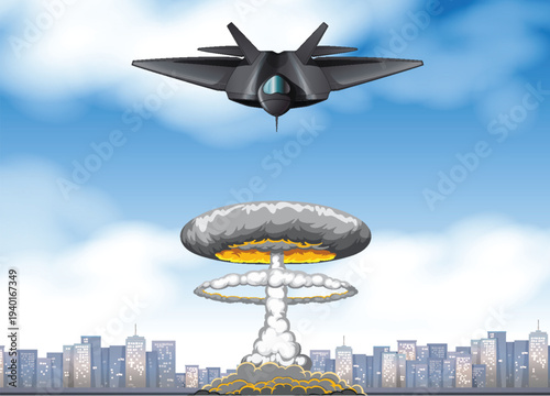 Powerful vector illustration of a stealth fighter jet flying above a devastating nuclear mushroom cloud explosion over a city skyline.