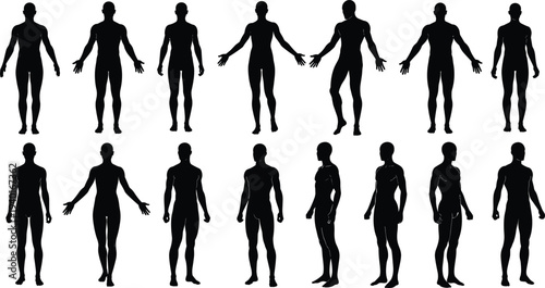 Set of male body silhouettes in various anatomical poses, athletic men standing in front and side view isolated on white
