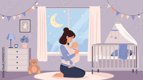 Young mother holding her sleeping baby in a comfortable fabric sling inside a quiet nursery during a peaceful night with the moon.