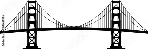 Golden Gate style suspension bridge silhouette, famous landmark architecture vector illustration, urban transportation structure isolated, city infrastructure symbol design