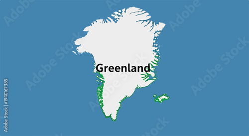 Map of Greenland with highlighted coastline on a blue background, illustrating geographical features and location.