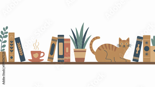 Whiskered feline cat lounges on bookshelf among books plants and steaming coffee cup evoking cozy reading nook atmosphere