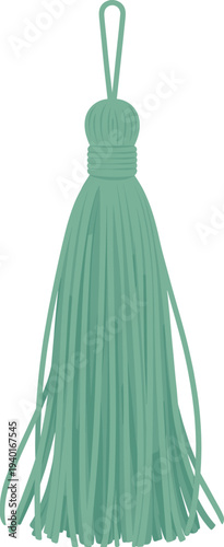 Green decorative tassel illustration, textile thread fringe ornament isolated, elegant hanging cord accessory element for curtain fashion craft design