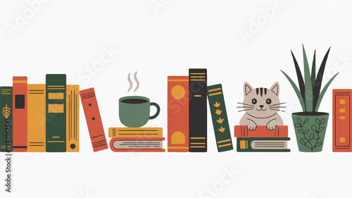 Cozy reading nook with cat books coffee and plants on a white background evoking relaxation and study