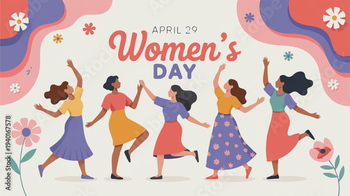 Diverse women dancing together celebrating women's day with colorful flowers and abstract shapes