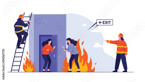 Emergency rescue scene featuring firefighters saving people from a burning house using ladders and directing them toward the exit.