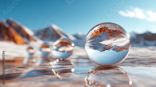 The image captures clear spherical reflections of a stunning mountainous landscape, showcasing nature's beauty through a unique photographic lens that enchants viewers.