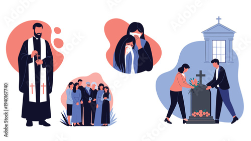 Solemn funeral scenes including a priest, a grieving family group, and people placing floral tributes on a gravestone at a cemetery.
