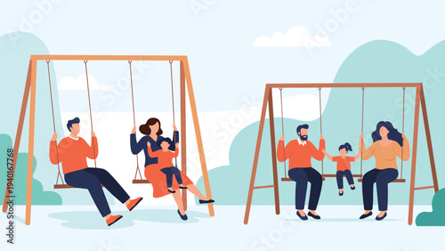 Happy families with young children spending quality time together while playing on wooden swing sets in a bright outdoor park setting.