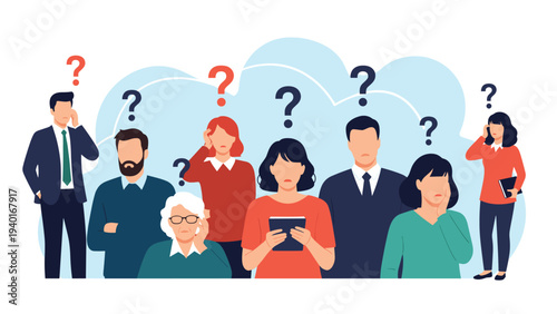 Diverse group of people looking confused and overwhelmed with question marks floating above their heads in a conceptual illustration.