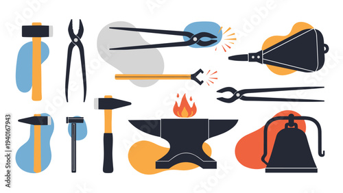 Blacksmithing equipment collection featuring various types of hammers, a heated anvil, tongs, and a large metal bell in a workshop.