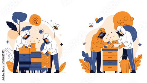 Professional beekeepers in full protective suits working with honeycombs and collecting fresh honey from hives in an outdoor apiary.