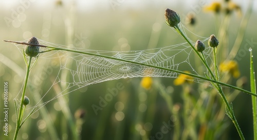 Close-Up of Dewy Spider Web Among Green Stems and Yellow Flowers in Morning Light