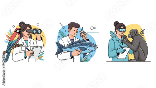 Scientists in white lab coats observing various animals like parrots, fish, and monkeys while recording data in their research journals.