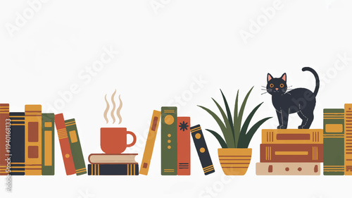 Cozy study scene with cat on books steaming coffee cup and plant on white background evoking relaxation and reading atmosphere