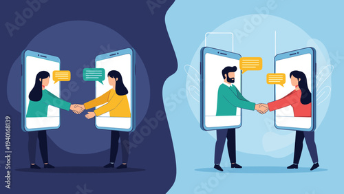 Business partners finalizing agreements via video calls on mobile phones with handshakes emerging from the digital device screens.