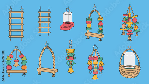 Selection of various bird cage accessories and toys including wooden ladders, swings, bells, and feeding containers for pet birds.