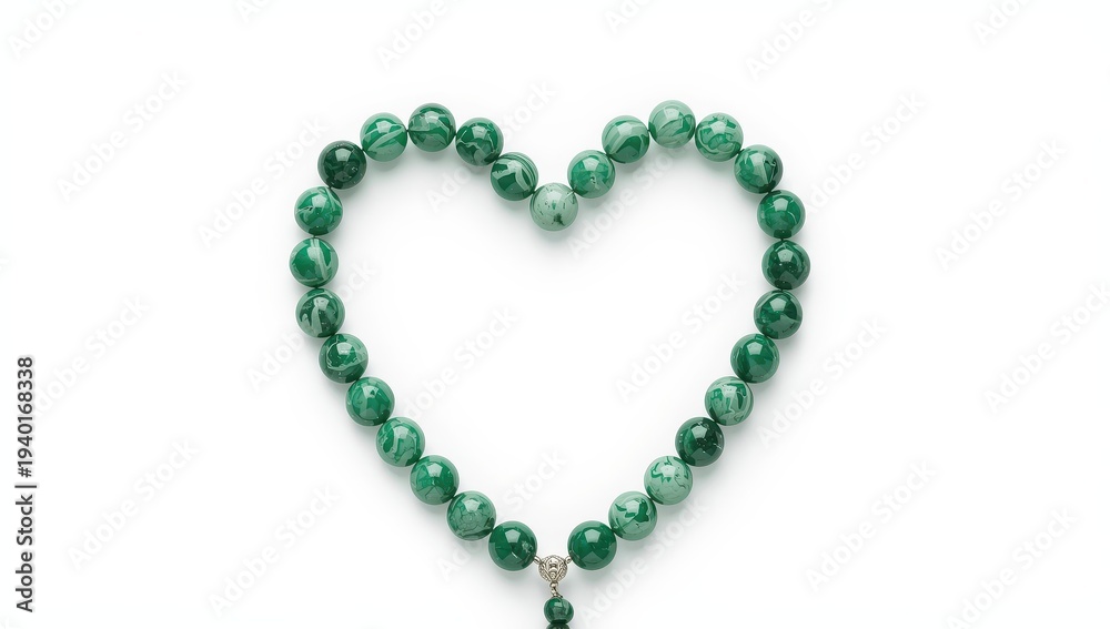 Fototapeta premium A heart-shaped arrangement of green prayer beads with a marbled design on a white background