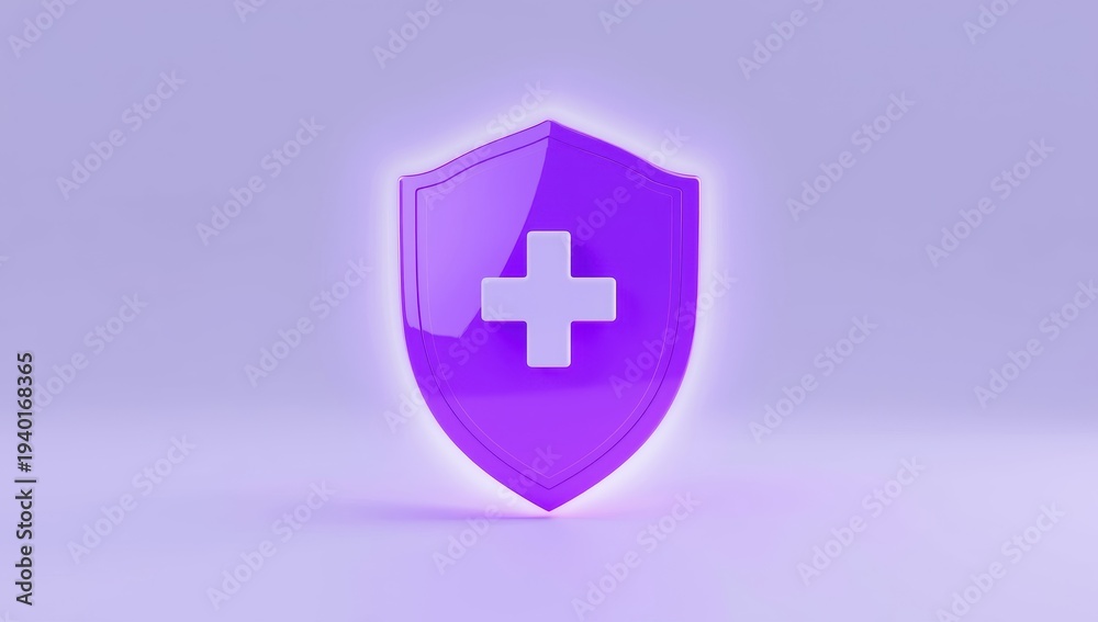 Obraz premium 3D purple shield featuring a medical cross, symbolizing healthcare and insurance