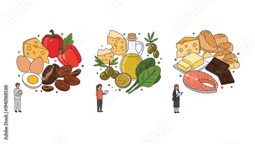 Diverse food groups and basic nutritional elements shown with people examining balanced diet choices for a healthy modern lifestyle.