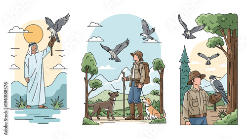 Falconry scenes featuring men in traditional and modern clothing with birds of prey and hunting dogs in various outdoor landscapes.