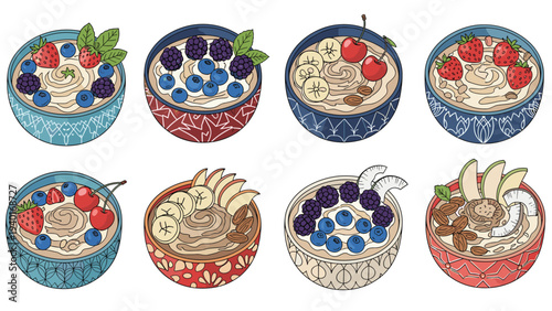 Assorted healthy breakfast smoothie and cereal bowls topped with various fresh berries, nuts, and fruit slices for morning meals.