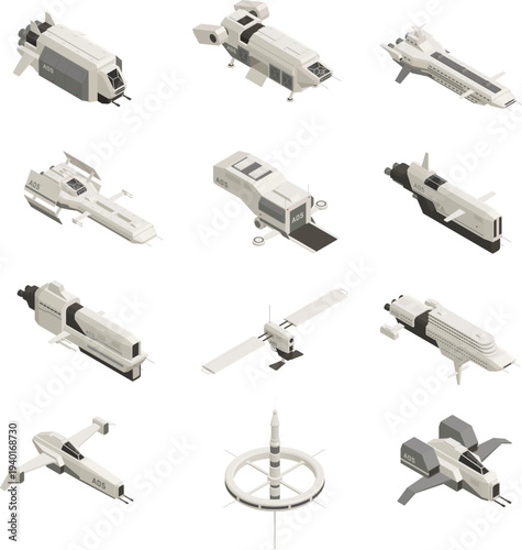 Slika na platnu white isometric sci-fi spaceship designs featuring transport vessels, starfighters, and space station modules for futuristic gaming and exploration concepts