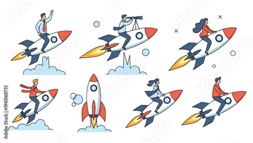 Set of entrepreneurs flying on rockets through space depicting rapid career advancement and business expansion success concepts.