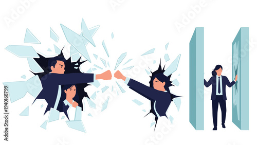 Business people breaking through glass barriers and walking through open doors to represent overcoming obstacles and career success.