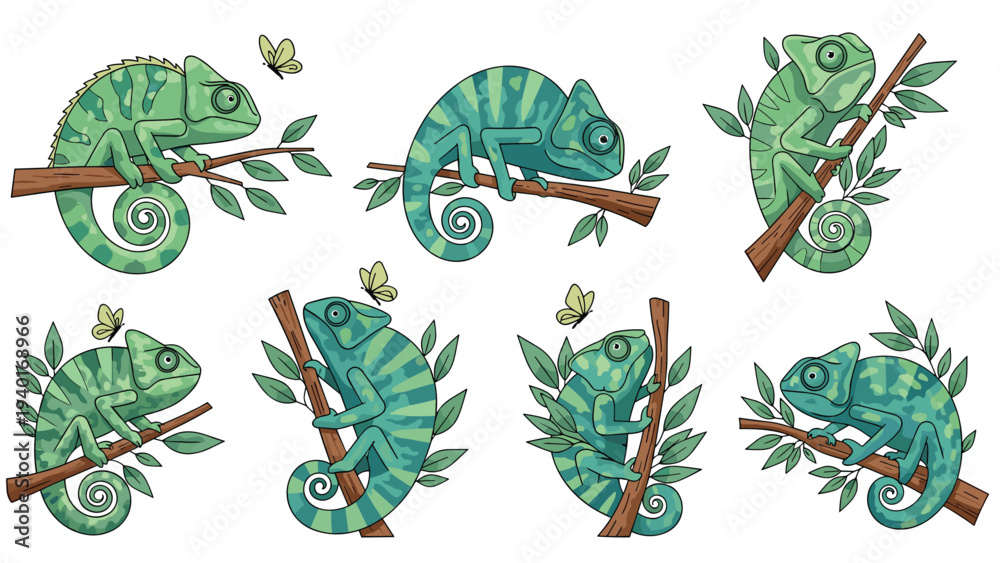 Fototapeta premium Set of green chameleon illustrations perched on branches with green leaves and butterflies in various natural animal poses.